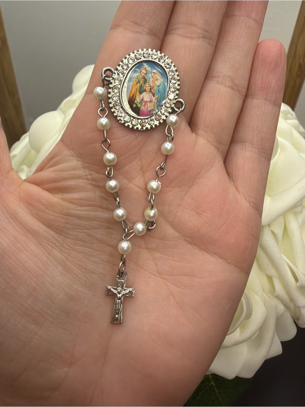Religious Pearl Rosary Chaplet with Holy Family Medallion - Silver/White